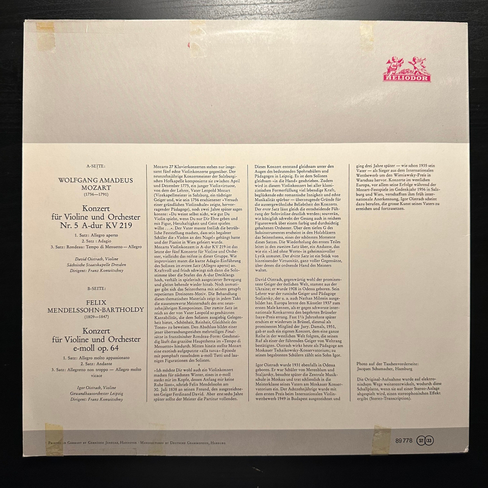 Моцарт -Концерт для скрипки № 5 ля мажор KV 219 / Мендельсон - Концерт для скрипки ми минор Op. 64 (Германия 1968г.)