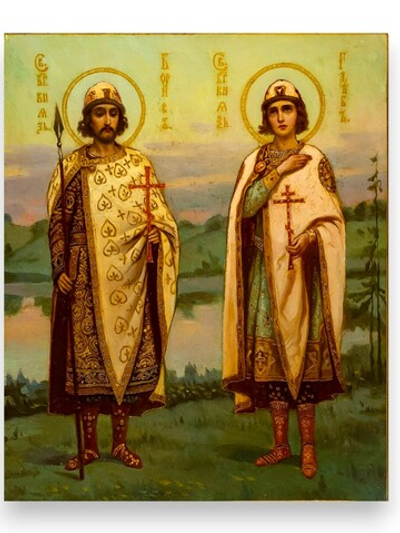 Борис и Глеб святые благоверные князья. Деревянная икона на левкасе