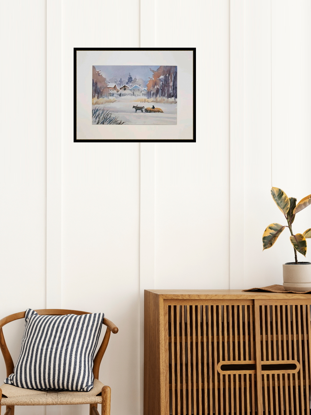 Картина авторская акварельная в паспарту 30х40 см на стену для интерьера "Зима в селе"