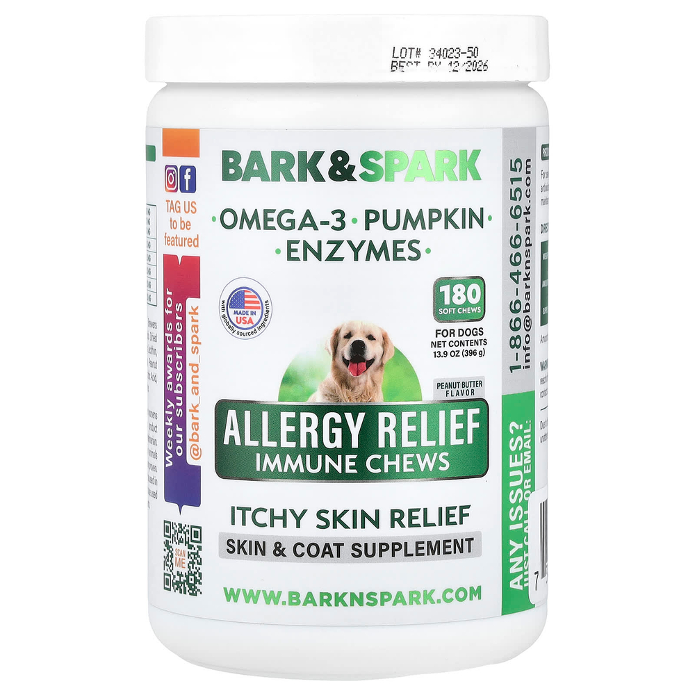 Bark&Spark, Allergy Relief, Immune, жевательные таблетки, для снятия зуда, для собак, арахисовое масло, 180 жевательных таблеток, 396 г (13,9 унции)