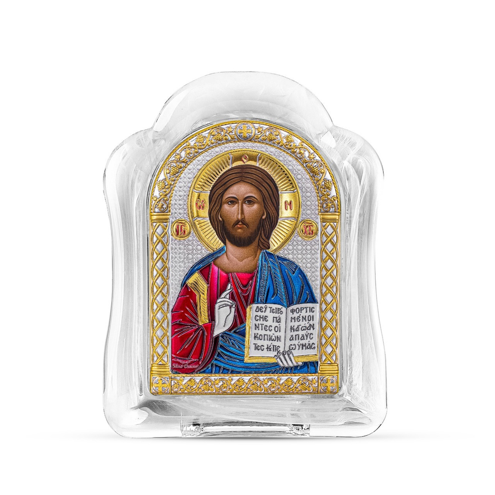 Спаситель, икона арочная, белое муранское стекло, эмаль 86х112