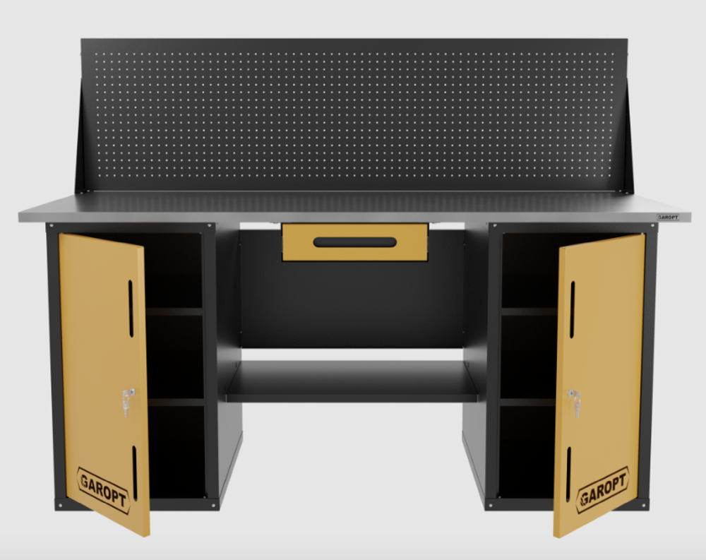 Верстак двухтумбовый с экраном и ящиком, желтый 1800*700 Garopt, GT1800DDY1PP.yell