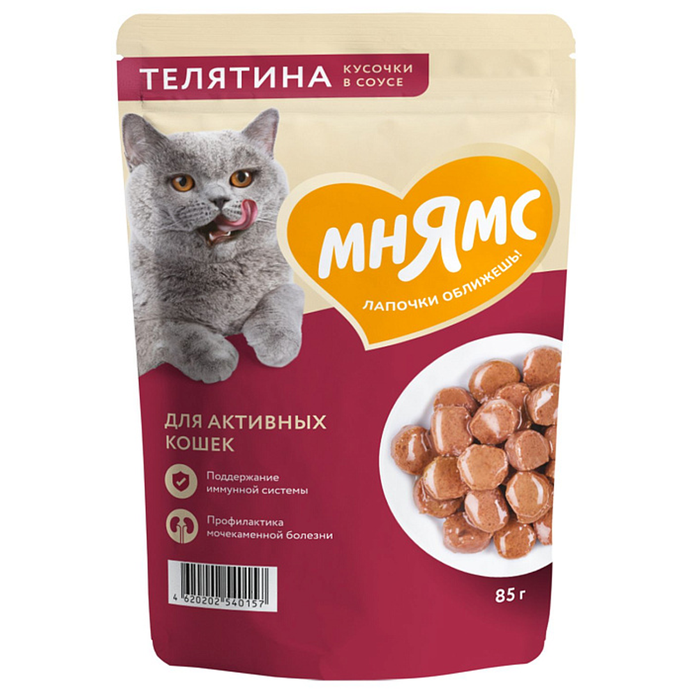 Влажный корм Мнямс На каждый день Кусочки в соусе с телятиной для активных кошек 85 г