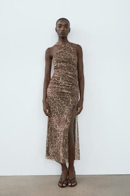 ZARA ПЛАТЬЕ ИЗ ПРОЗРАЧНОЙ ТКАНИ С ЛЕОПАРДОВЫМ ПРИНТОМ, ЛЕОПАРДОВЫЙ