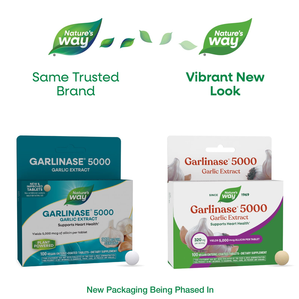 Nature's Way, Garlinase® 5000, экстракт чеснока, 320 мг, 100 веганских таблеток с кишечнорастворимой оболочкой