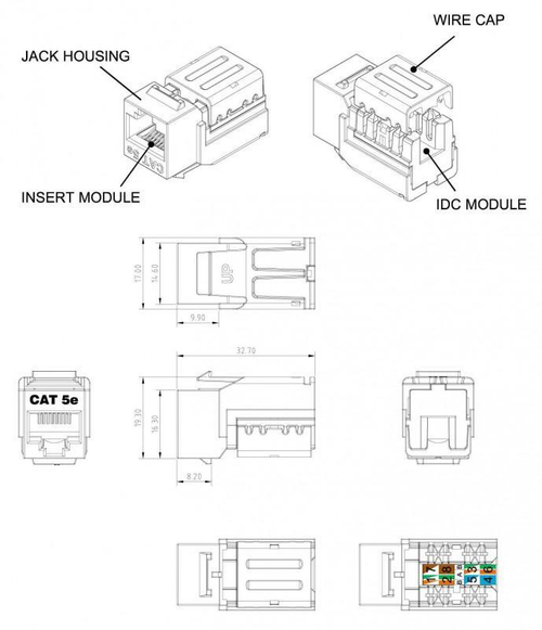 Вставка KJNE-8P8C-C5e-90-WH Keystone Jack RJ45(8P8C) кат. 5e 110 IDC зад. с помощью NE-TOOL бел. Hyp