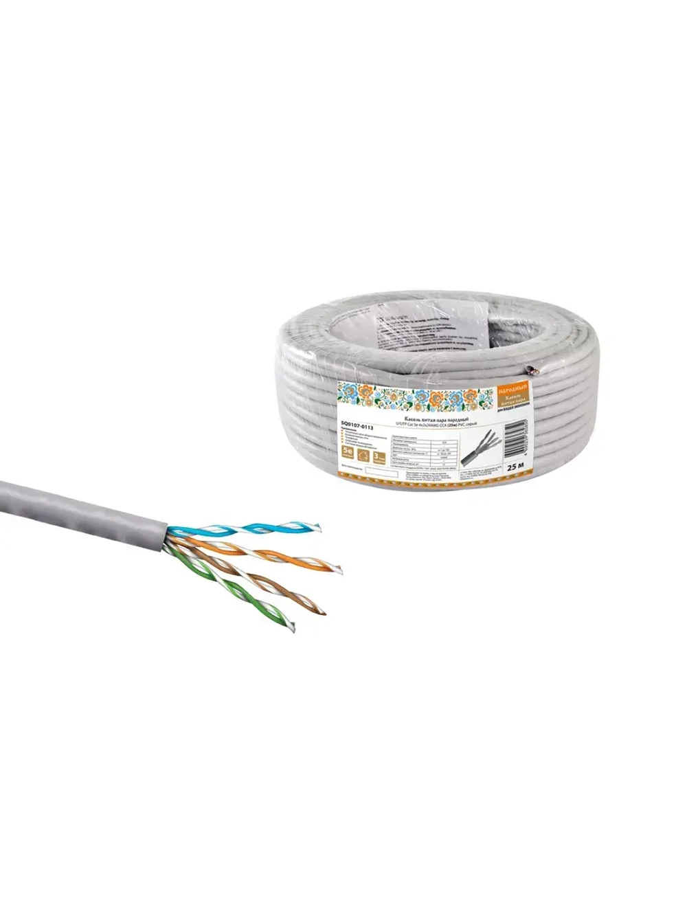 Кабель витая пара TDM ELECTRIC народный U/UTP Cat 5e 4х2х24AWG CCA PVC, серый SQ0107-0113 на отрез