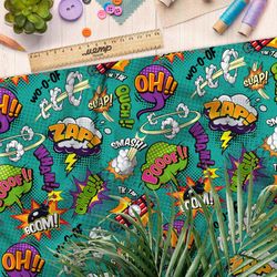 Ткань бифлекс крупные звуки из комиксов на зелёном фоне