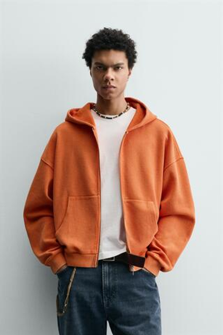 ZARA ХУДИ ИЗ ВАФЕЛЬНОЙ ТКАНИ С ЭФФЕКТОМ ПОТЕРТОСТИ, ОРАНЖЕВЫЙ МЕЛАНЖ