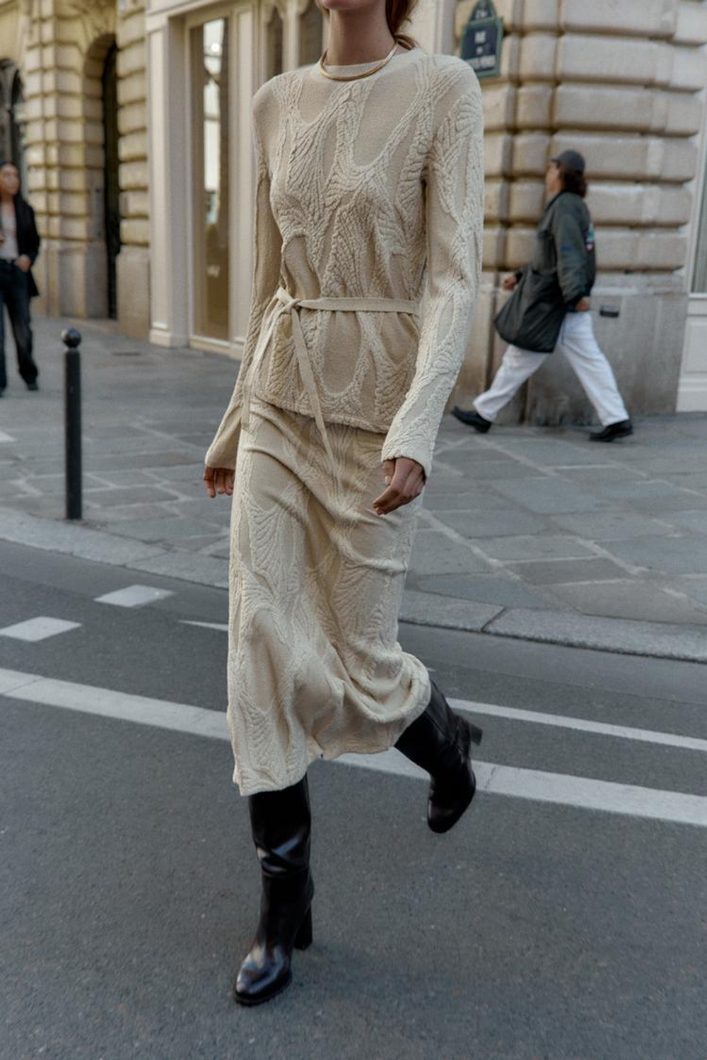 ZARA ЖАККАРДОВЫЙ ТОП С ПОЯСОМ, СЛОНОВАЯ КОСТЬ