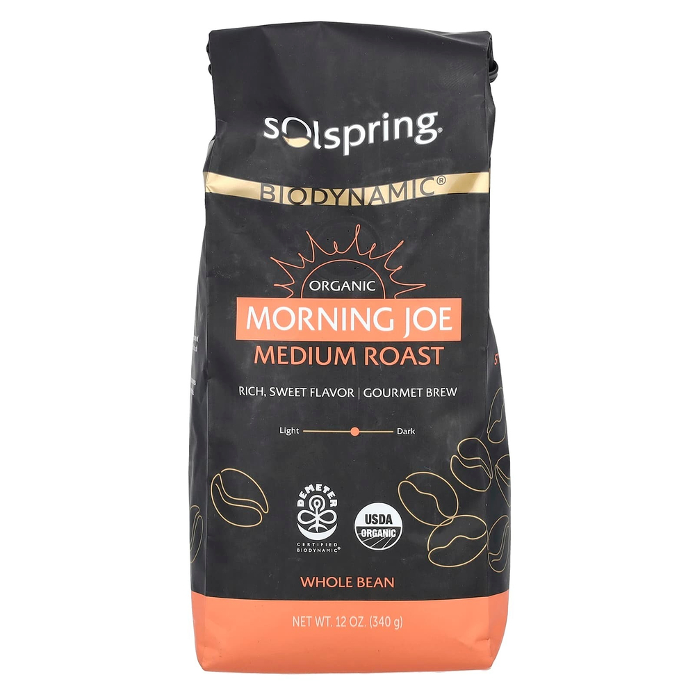 Dr. Mercola, Solspring, Biodynamic, Organic Morning Джо, средняя обжарка, цельные бобы, 340 г (12 унций)