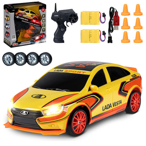 Радиоуправляемая машина для дрифта Lada Vesta, 1:24, 4WD, свет фар, 4 доп.колеса, 2 аккум., USB кабе