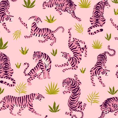 Розовые азиатские тигры и тропические растения