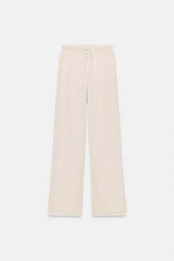 ZARA БРЮКИ WIDE LEG ИЗ ТКАНИ В ДЕРЕВЕНСКОМ СТИЛЕ, СВЕТЛО-БЕЖЕВЫЙ