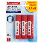 Клей-карандаш 25 г упаковка BRAUBERG 3 штуки на блистере (12 штук в упаковке)