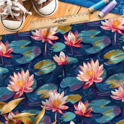 Ткань премиум габардин кувшинки на пруду