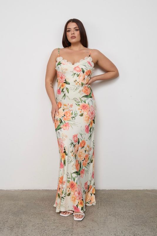 Платье-комбинация на тонких бретелях с отделкой кружевом, цветочный принт