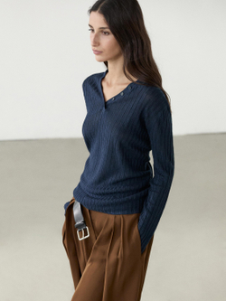 Massimo Dutti Вязаный льняной свитер с пуговицами, темно-синий