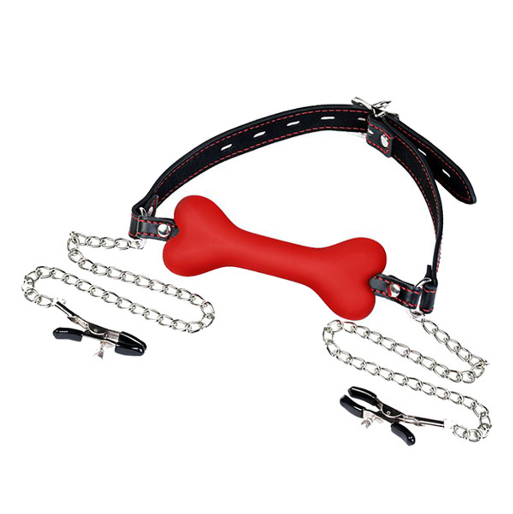 Красный кляп-трензель в виде косточки с зажимами для сосков ToyFa Theatre 708027