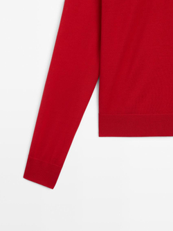 Massimo Dutti Свитер из 100% шерсти с воротником поло и пуговицами, красный