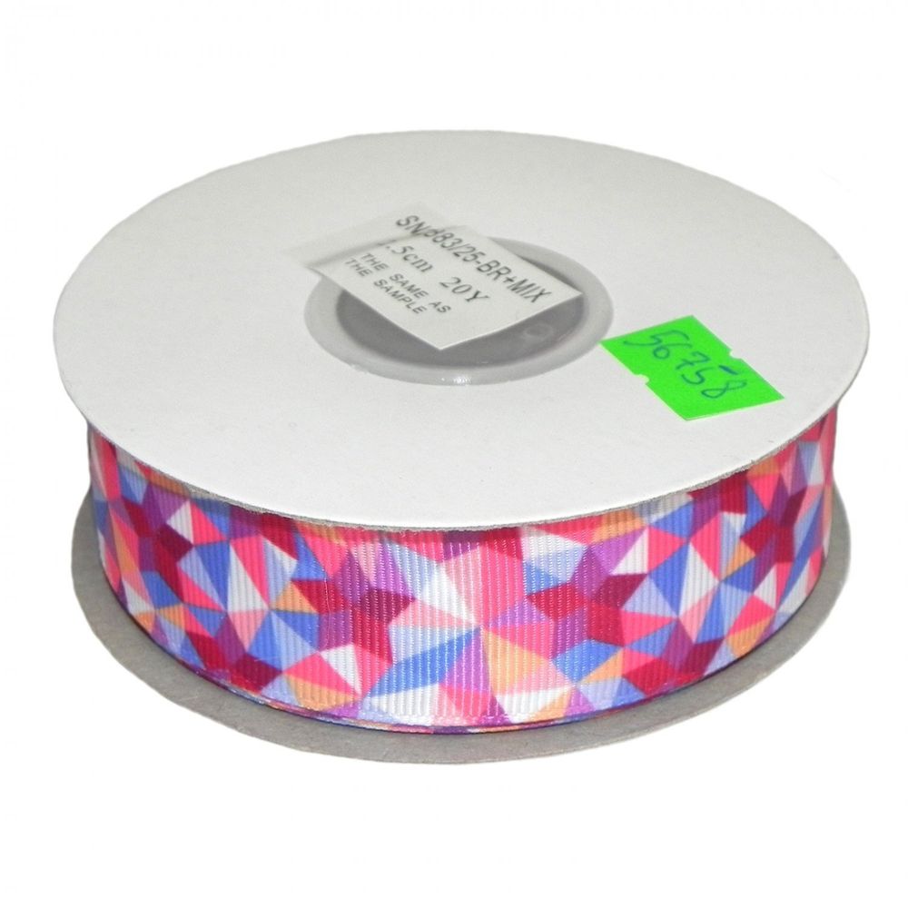 Декоративная лента репсовая для рукоделия, упаковки и флористики, 2,5 см, намотка 20 ярдов, геометрический принт (розовый, малиновый, голубой)