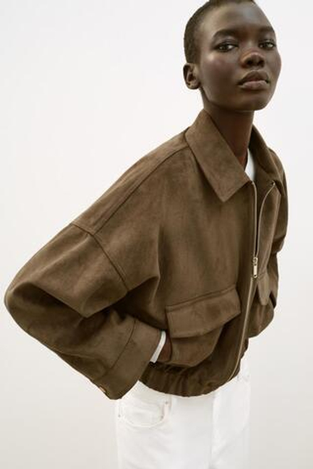 ZARA КУРТКА ИЗ ИСКУССТВЕННОЙ ЗАМШИ, ТЕМНЫЙ ХАКИ