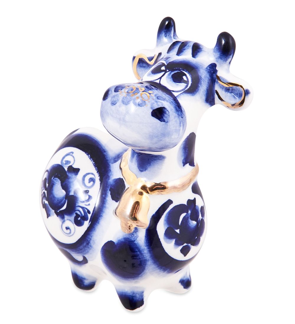 ГЛ- 653 Фигурка «Корова с колокольчиком» золото (Гжельский фарфор)