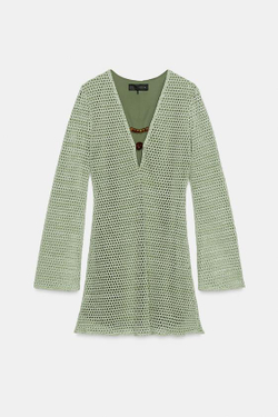 ZARA МИНИ-ПЛАТЬЕ ИЗ КРУЖЕВА КРОШЕ С ФУРНИТУРОЙ, СВЕТЛЫЙ ХАКИ
