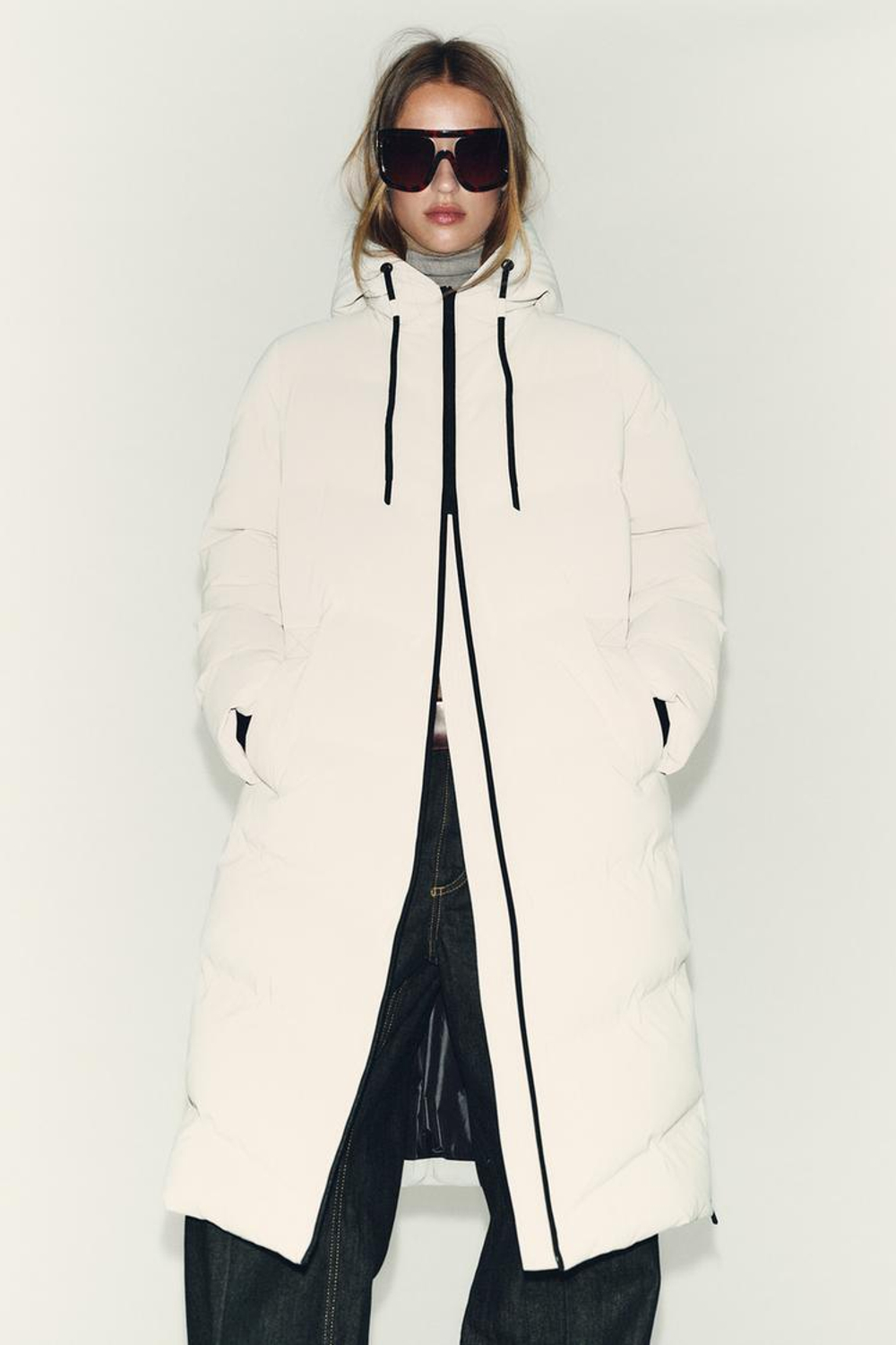 ZARA ДЛИННЫЙ ПРОРЕЗИНЕННЫЙ АНОРАК WINDPROOF С КАПЮШОНОМ, СВЕТЛО-БЕЖЕВЫЙ