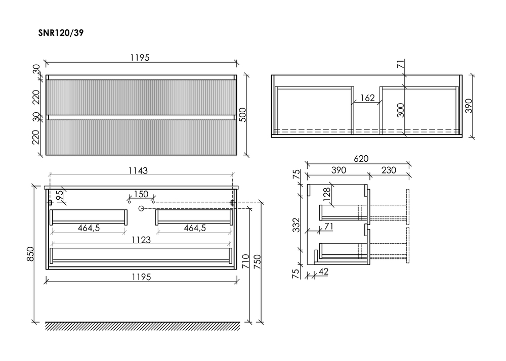 Тумба подвесная SANCOS Snob R 1195х390х500, c двумя ящиками оснащенными доводчиками, Doha Soft, арт.SNR120/39SM