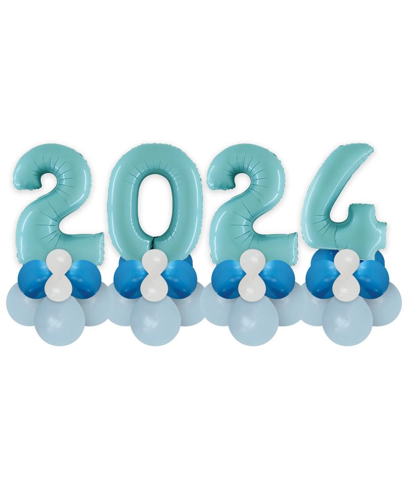 Стойки из шаров с цифрами 2024 на Новый год голубого цвета