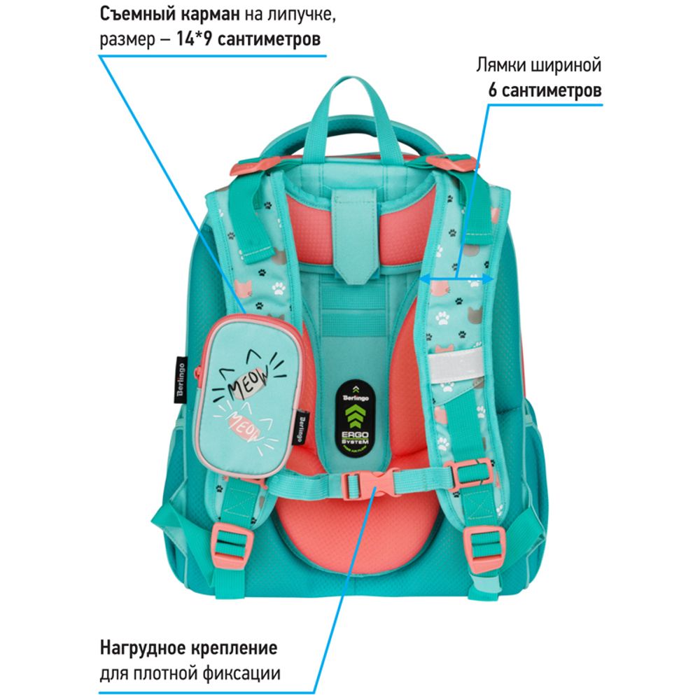 Ранец Berlingo Expert Max Kittens green 37х28х16см, 2 отд., с анат. спинкой + дождевик