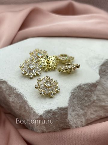 Пуговицы стразы (горный хрусталь) цветочек в золоте