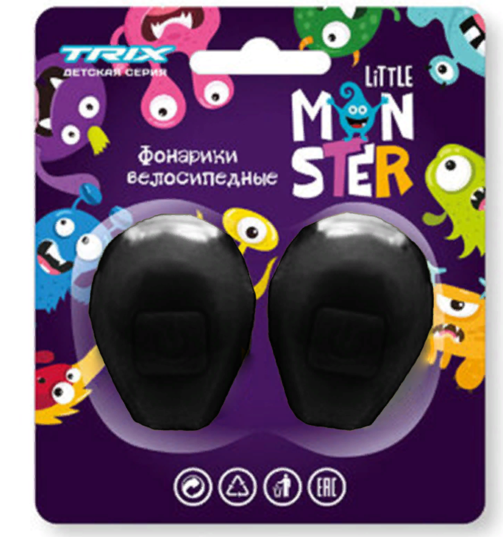 Фонари TRIX Little Monster детские, комплект передний задний, 2 диода, 3 режима, силикон, черные (20/100)