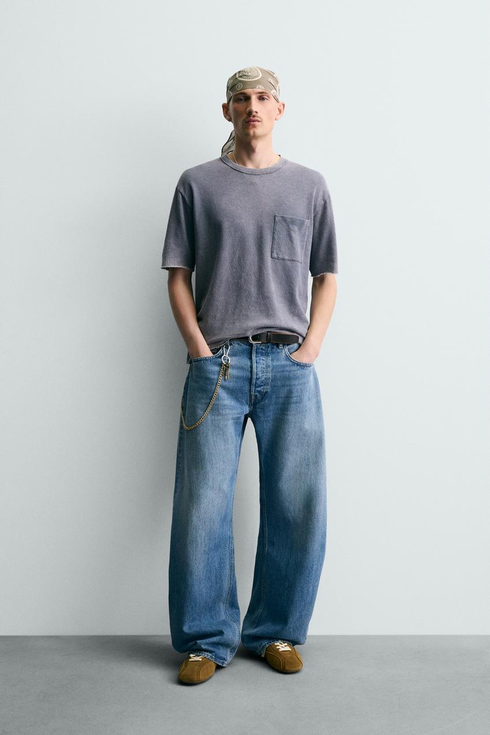 ZARA ФУТБОЛКА RELAXED FIT С ЭФФЕКТОМ ПОТЕРТОСТИ, ЛИНЯЛЫЙ СИНИЙ