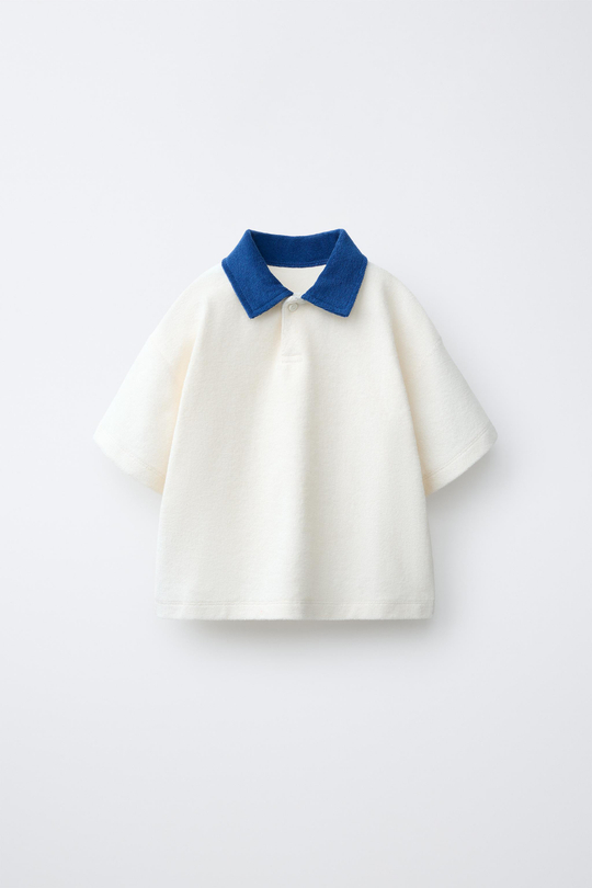 ZARA ФУТБОЛКА ПОЛО ИЗ МАХРОВОЙ ТКАНИ, СИНИЙ