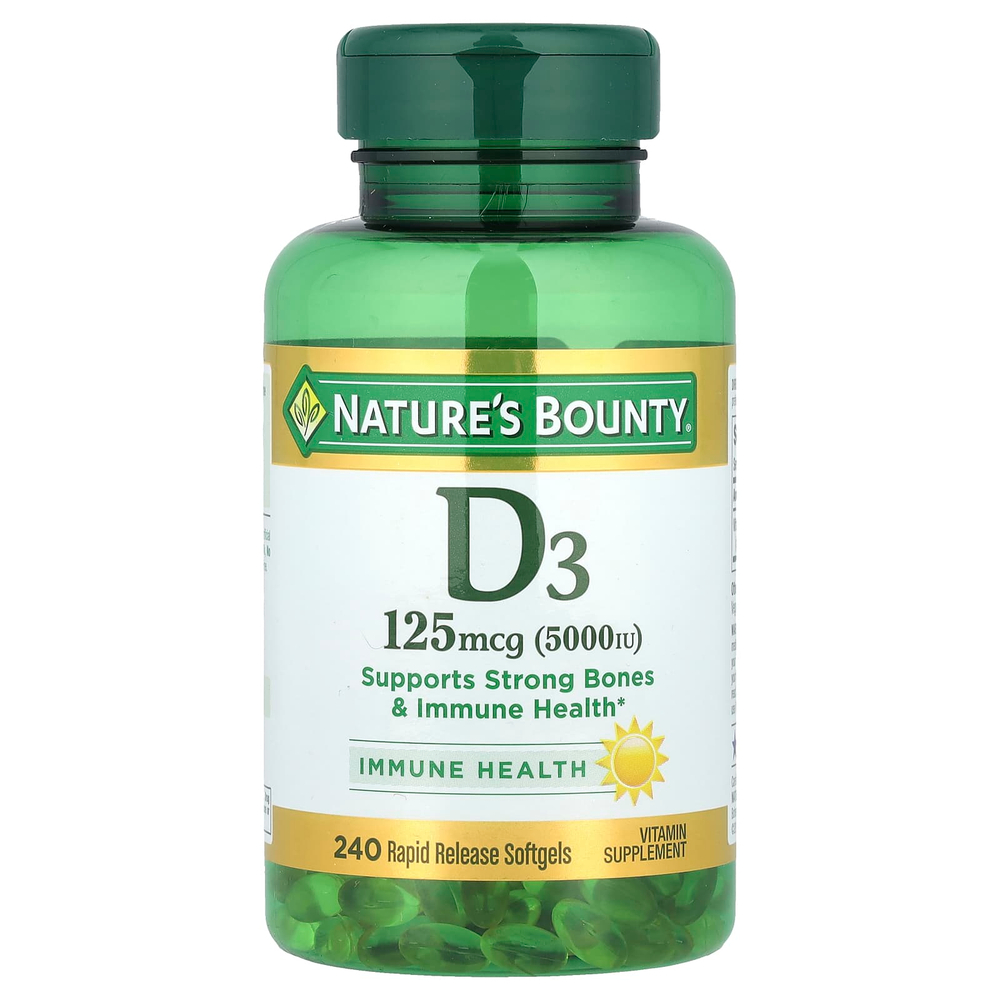 Nature's Bounty, витамин D3, 125 мкг (5000 МЕ), 240 мягких таблеток с быстрым высвобождением