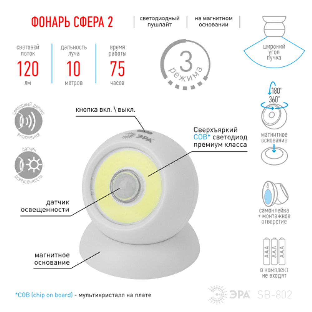 Светодиодный фонарь подсветка ЭРА Пушлайт SB-802 Сфера-2 на магнитном основании с датчиками движения и освещенности | Подсветка, пушлайты