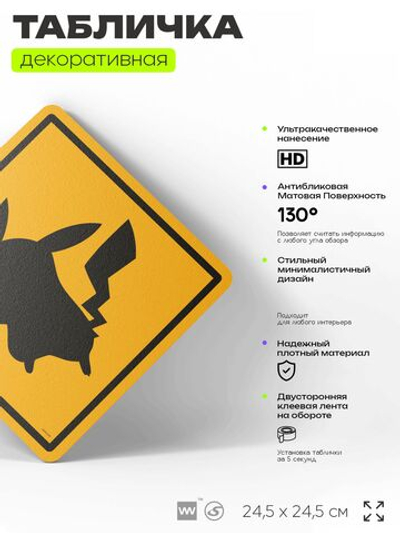 Табличка по аниме "Пикачу (Покемон)" на дверь и стену, прикольная штука в подарок анимешнику, декоративный знак, 24,5х24,5 см, пластиковая, Айдентика Технолоджи