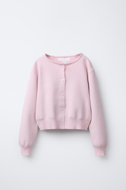 ZARA ТРИКОТАЖНЫЙ КАРДИГАН СО СЪЕМНЫМ ВОРОТНИКОМ ИЗ ИСКУССТВЕННОГО МЕХА, РОЗОВЫЙ