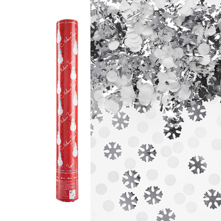 Пневмохлопушка (16/40 см), Снеговики, Снежинки фольга и тишью, Белый/Серебро, Металлик, 1 шт.