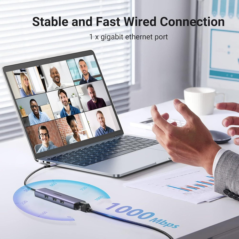 Конвертер USB 3.1 Type C на LAN RJ-45,1000Mbps + USB 3.0 HUB 3 port, 0.2m UGREEN 60600
