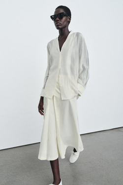 ZARA СТРУЯЩАЯСЯ РУБАШКА ZW COLLECTION, ЖЕЛТОВАТО-БЕЛЫЙ