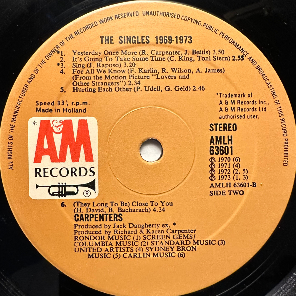 Carpenters - The Singles 1969-1973 (Голландия 1973г.)