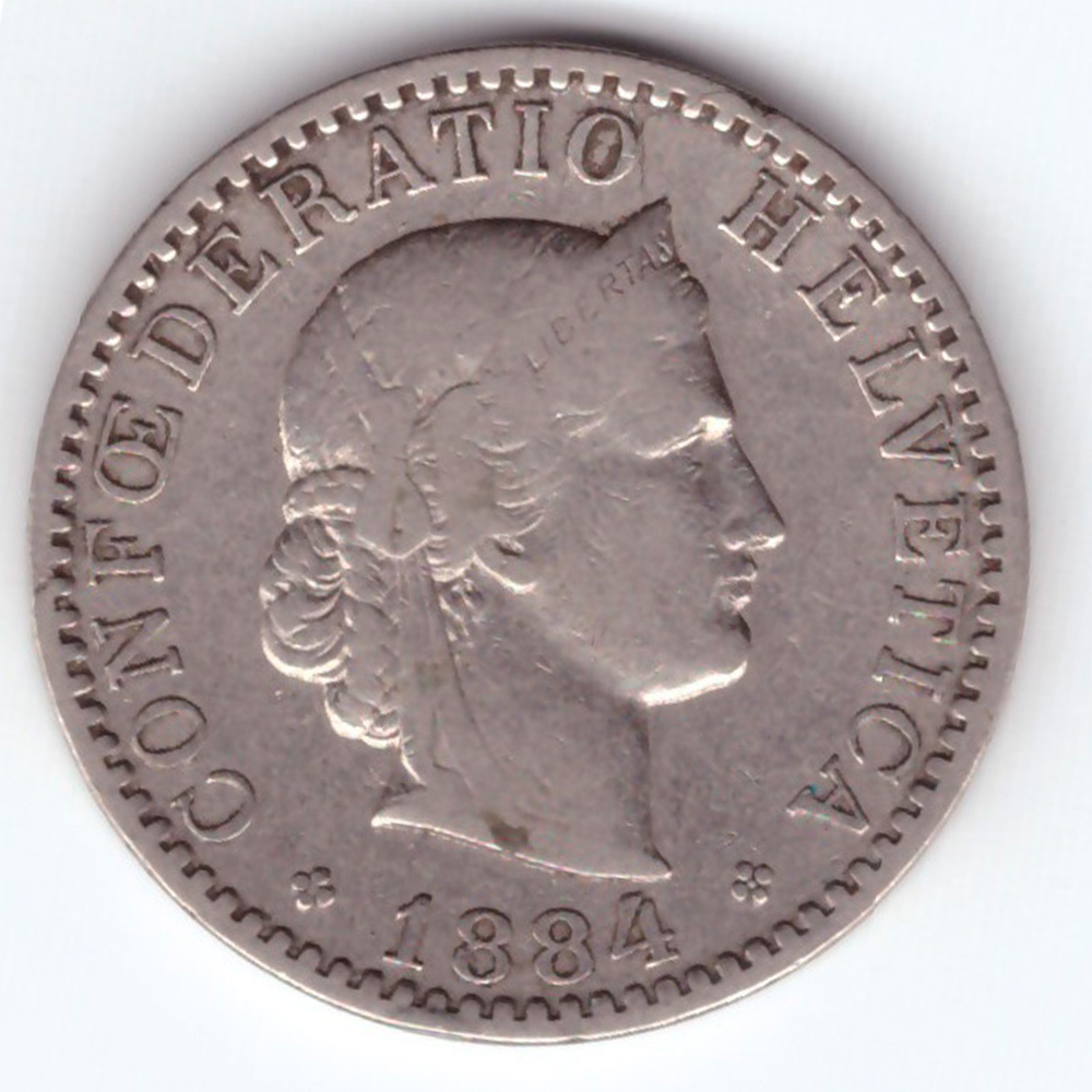 20 раппенов 1884 год. Швейцария. Никель VF-XF