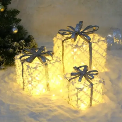 Фигура светодиодная «Подарок от Санты» (набор 3 шт: 12см, 15см, 19см), 220V, Серебро (свечение - Теплый белый)