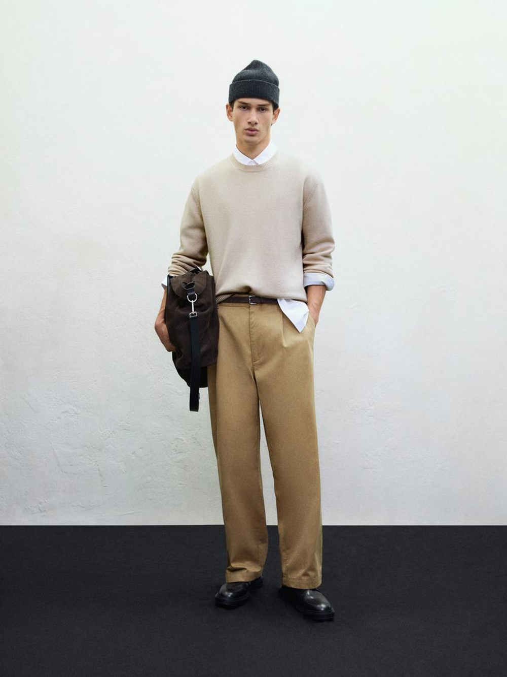 Massimo Dutti Свитер из смесовой шерсти с круглым вырезом, бежевый