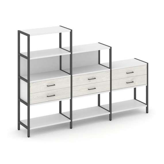 Shelf System Трехсекционный стеллаж четырех/трех/двухярусный с ящиками SN.STM-431 Белый/Дуб Наварра/