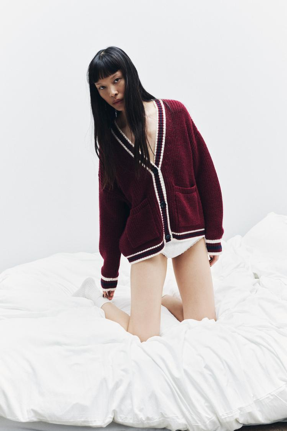 ZARA ТРИКОТАЖНЫЙ ЖАКЕТ С КАНТАМИ, БОРДОВЫЙ