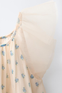 ZARA КОМБИНИРОВАННОЕ ПЛАТЬЕ ИЗ ТЮЛЯ С ЦВЕТОЧНЫМ ПРИНТОМ, ЭКРЮ